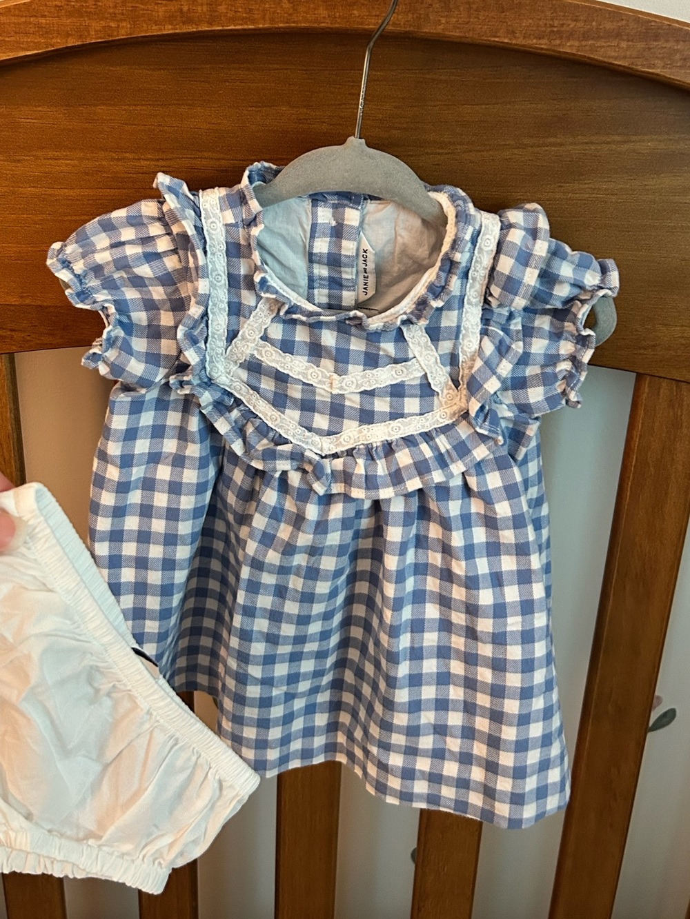 Janie and Jack Blue and White Gingham Dress with Lace Trim